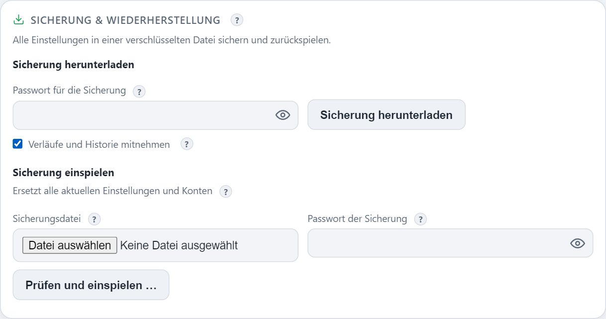 Sicherung und Wiederherstellung in den Einstellungen